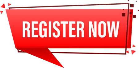 Red register now label in modern style on white background.